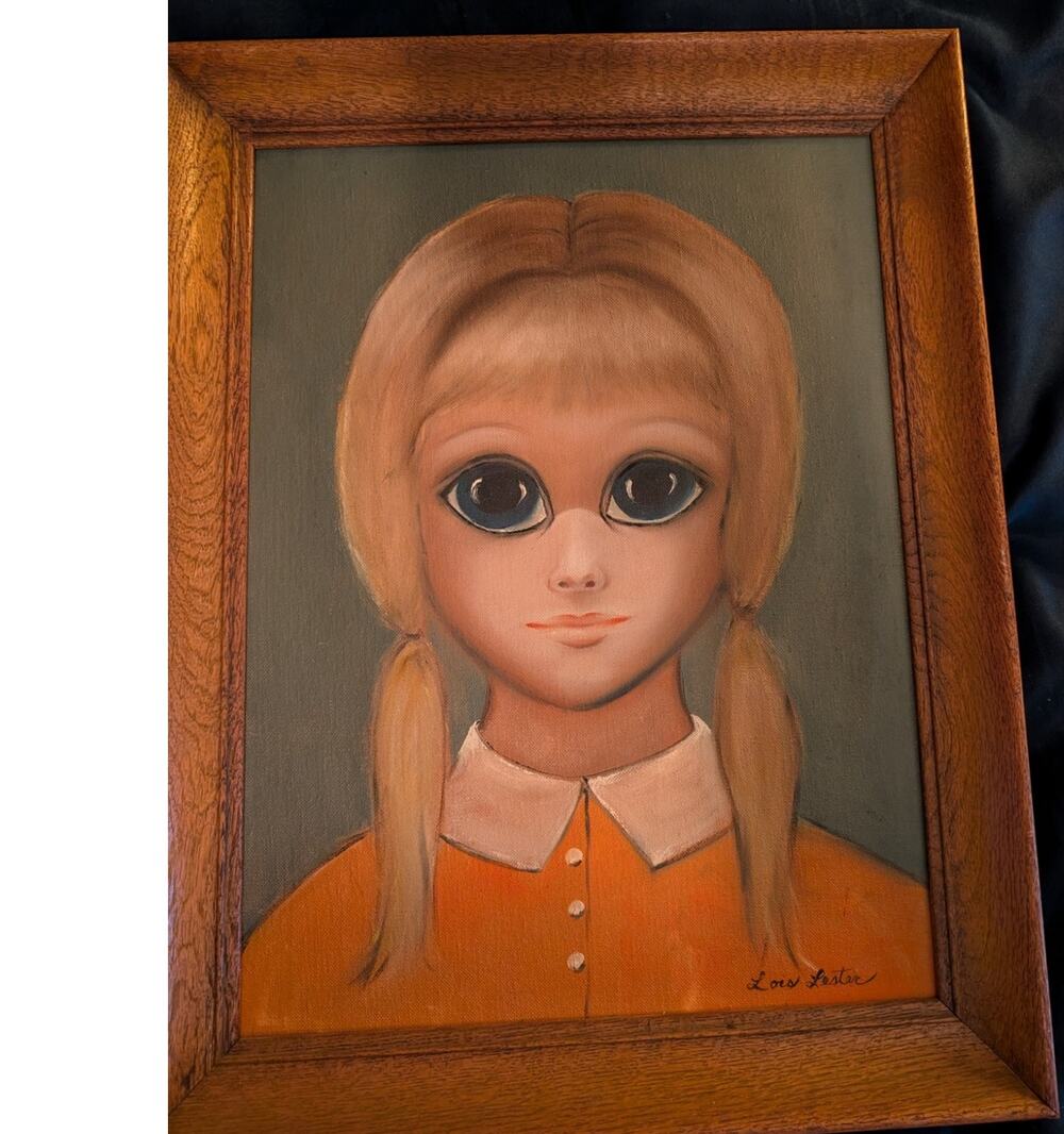 Vtg Signed 1967 Keane Style Big Eyes Framed painting Heidi Young Girl 19x15